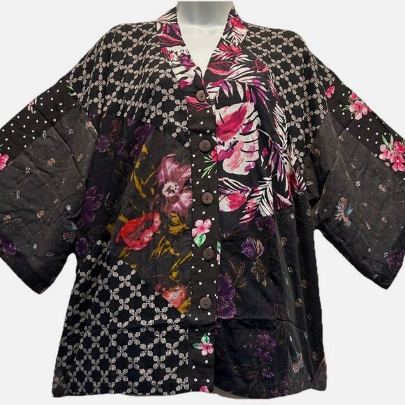 Nwt SACRED THREADS patch hippie boho funky rayon kimono TOP TUNIC 2X - Picture 1 of 3